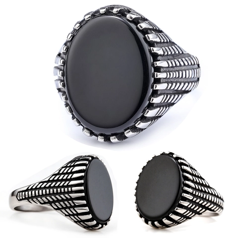 Bague Chevalière Homme Vintage En Acier Inoxydable Avec Pierre Noire Ovale Style Biker Punk Bijoux Rétro