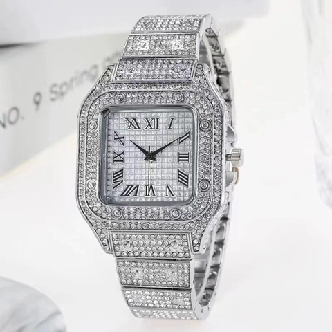 Men Luxury Square Iced Out Quartz Watch Full Rhinestone Alloy Case And Stainless Steel Strap Roman Numeral Dial