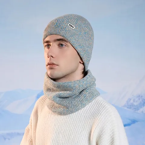 Winter Warm Beanie Hat And Scarf Men Fleece Lined Wool Blend Ribbed Knit Outdoor Windproof Ear Protection