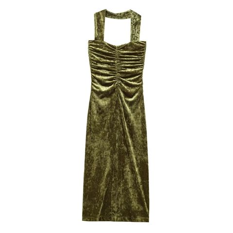 Women Velvet Halter Ruched Maxi Dress V Neck Slim Fit Elegant Moss Green Solid Color Evening Party