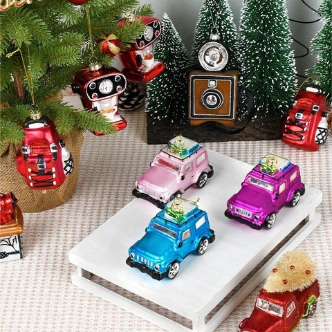 Addobbi Sospesi Albero Di Natale Vetro Glitter Forme Creative Assortite Auto Retro Fotocamera Decorazione Festiva