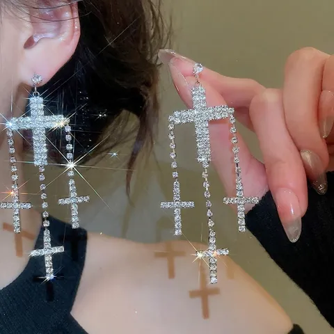 Cross Tassel Drop Earrings With Silver Earring Post Copper Rhinestone Encrusted Gothic Long Dangle Jewelry For Women