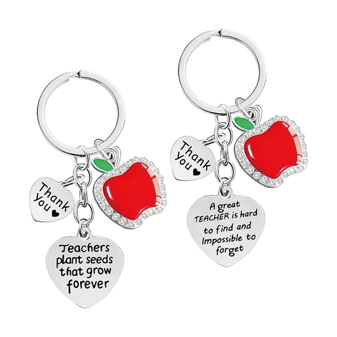 Teacher Appreciation Keychain Metal Red Enamel Apple Rhinestone Heart Pendant Thank You Gift For Educator Mentor