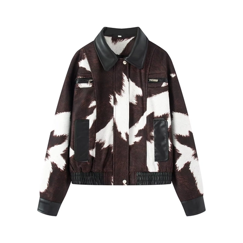 Chaqueta Mujer Estampado Vaca Parches Cuero PU Cremallera Solapa Casual Elegante Corta Ropa Exterior