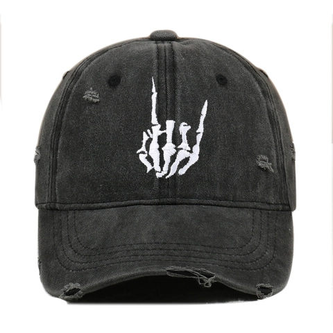 Gorra De Béisbol De Algodón Lavado Desgastado Bordado Gesto De Mano De Esqueleto Estilo Hip Hop Vintage Ajustable