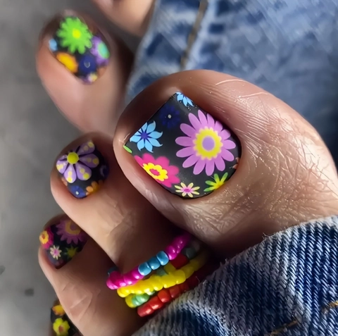 Unghie Finte Per Piedi Press On Nero Opaco Motivo Fiori Margherite Colorate Rimovibili Per Donne