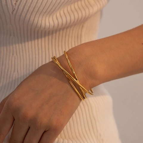 Bracciale A Polsino Aperto Multistrato Linea Geometrica Incrociata Metallo Punk Esagerato Gioielli In Rame Per Donne