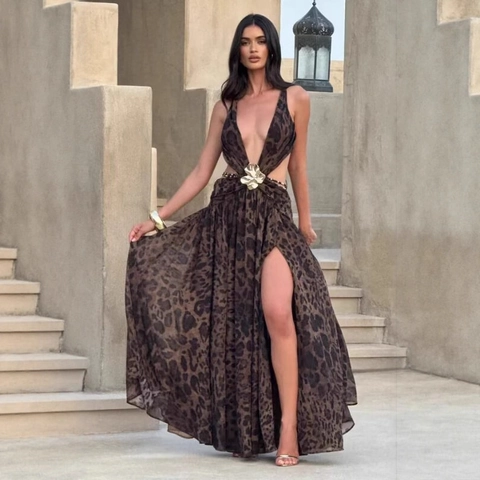 Women Sexy Halter Maxi Dress Deep V Neck Cutout Backless High Slit Metal Flower Buckle Leopard Print Long Dress