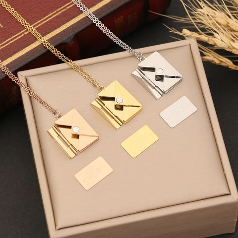 Stainless Steel Envelope Pendant Necklace Openable Engraved I Love You Message Card Romantic Jewelry Gift For Women