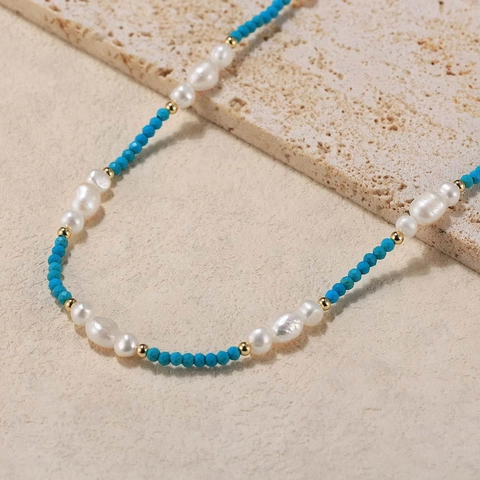 Collana Di Süßwasserperle In Argento Sterling 925 Con Perla de Agua Dulce Barocca D'acqua Dolce E Turchese Placcata Oro 14K Gioielli Eleganti Da Donna