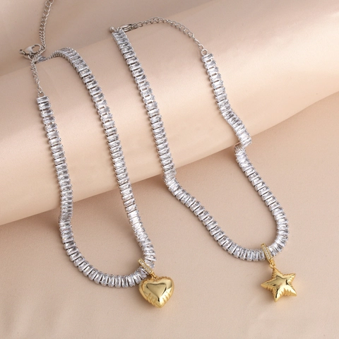 Herz Stern Anhänger Halskette Kupfer 18K Vergoldet Baguette Zirkonia Tennis Schlüsselbein Kette Vintage Schmuck Damen