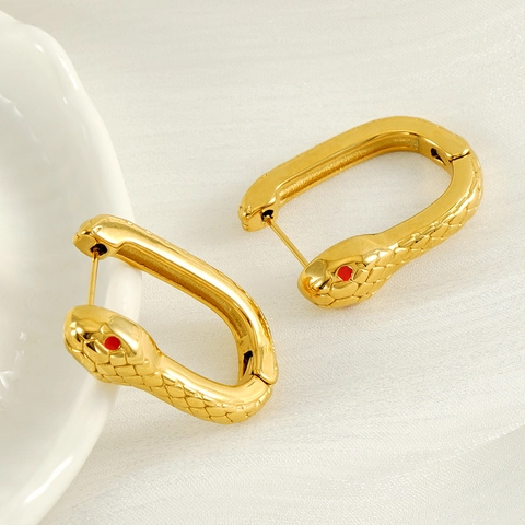 Orecchini A Cerchio A Forma Di Serpente Placcati In Oro 18 Carati Acciaio Inossidabile Occhi In Pietra Rossa Moda