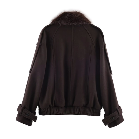 Veste Courte En Laine Pour Femmes Avec Col En Fausse Fourrure Double Boutonnage Marron Café Style Aviateur Manteau
