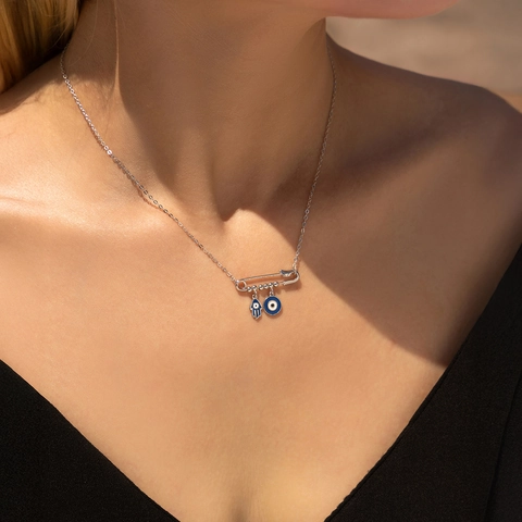 925 Sterlingsilber Sicherheitsnadel Anhänger Halskette Für Damen Hamsa Böser Blick Amulett Minimalistische Schlüsselbeinkette Schmuck