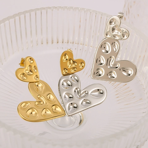 Stainless Steel Heart Drop Earrings 18K Gold Plated Hammered Texture Double Layer Heart Dangle Earrings For Women Elegant