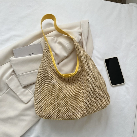 Women Straw Woven Tote Bag And PU Leather Pouch Large Capacity Hollow Out Casual Summer Beach Vacation Shoulder Handbag