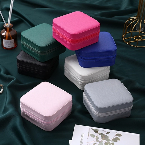 Portable Travel Jewelry Box PU Leather Square Storage Case For Rings Earrings Necklaces Zipper Closure Small Organizer