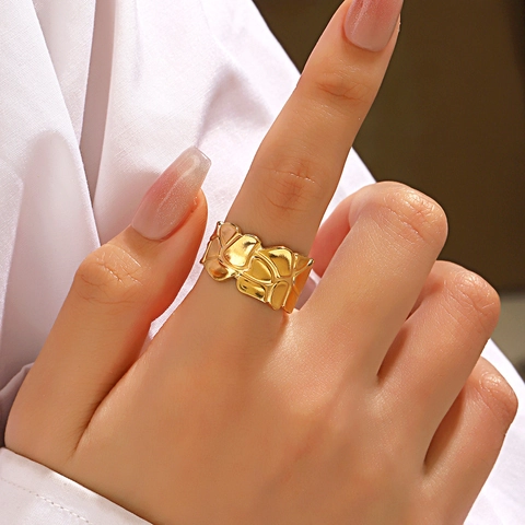 Anillo Abierto Con Textura De Lava Irregular Acero Inoxidable Banda Ancha Geométrico Ajustable Joyería Para Mujer Estilo Exagerado