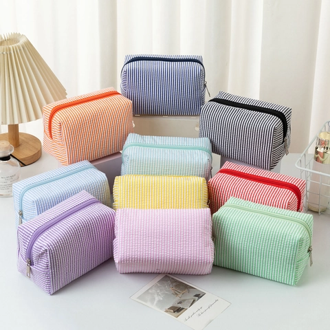 Bolsa De Cosméticos De Seersucker A Rayas Gran Capacidad Neceser De Maquillaje Con Cremallera Organizador De Viaje Mujer