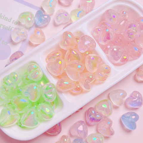 Acrylic Heart Shaped Loose Beads UV Plated Iridescent AB Color Glitter Luminous For DIY Jewelry Making Keychain