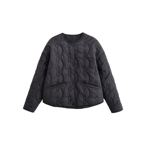 Veste Matelassée Femmes Polyester Légère Col Rond Motif Ondulé Automne Hiver Décontracté Manteau Boutonné