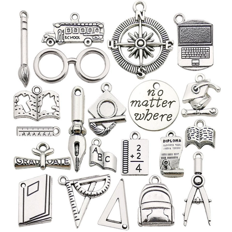 Antique Silver Alloy Charms Pendants School Graduation Theme For DIY Jewelry Making Mortarboard Diploma School Bus Books