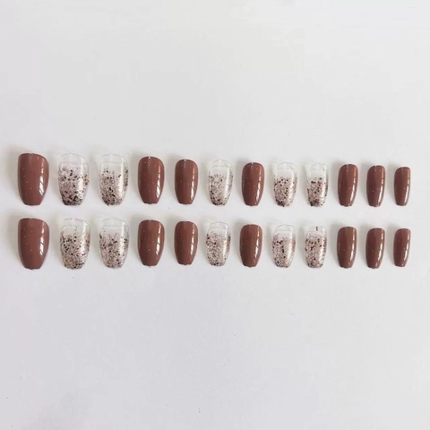 Faux Ongles Longs Cercueil À Presser Dégradé Pailleté Marron Or Rose Manucure Brillante Chic Femme