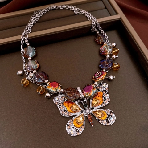 Collana Con Pendente A Farfalla Fiore Vintage Lega Strass Perline Di Vetro Catena Di Clavicola Gioielli Retro Per Donne