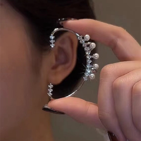 Artificial Pearl Rhinestone Ear Cuff And Studs With 925 Sterling Silver Earring Post Elegant Non Piercing Ear Wrap For Women