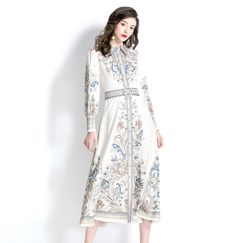Vintage Paisley Print Chiffon Maxi Hemdkleid Lange Laternenärmel Revers Knopfleiste Gürtel Elegantes Damen Kleid