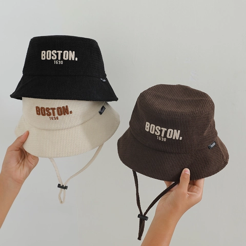 Kinder Cord Bucket Hat Retro Buchstaben Bestickung Winddicht Verstellbarer Riemen Sonnenschutz Herbst Winter Kleinkind