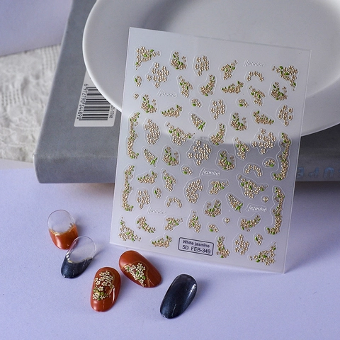 5D Geprägte Nagelaufkleber Weiße Jasminblüte Texturiert Selbstklebend Floral Decals Wasserdicht Elegant Frisch Maniküre