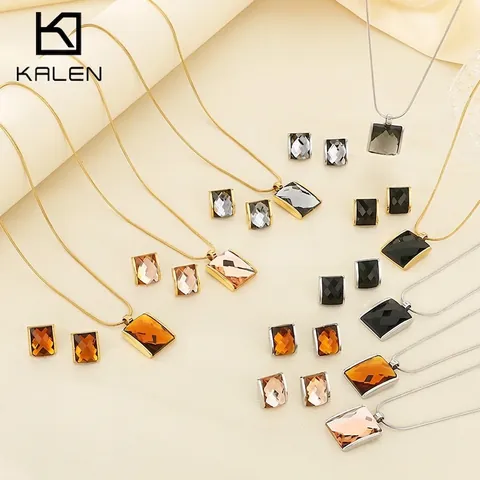 Set Di Gioielli In Acciaio Inossidabile Ciondolo In Vetro Sfaccettato Quadrato Collana Catena Serpente E Orecchini Moda