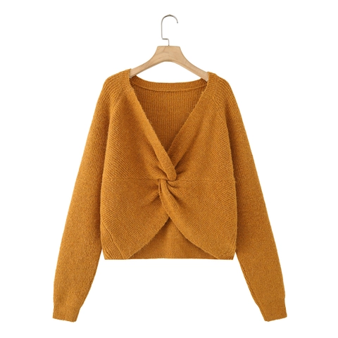Women Knit Sweater Long Sleeve Back Knot Detail Pullover Round Neck Alpaca Blend Soft Warm Casual Jumper Winter Tops