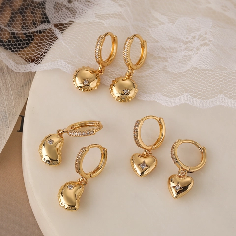 Orecchini In Rame Placcati Oro Vero Zircone Geometrico Cuore Luna Ciondoli Tondi Minimalista Gioielli Donne