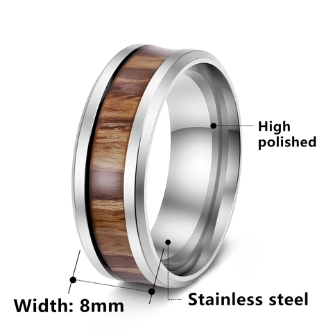 Modern Stainless Steel Ring Natural Wood Inlay Band Ring For Men Women Minimalist Fashion Wedding Band Acacia Wood Jewelry