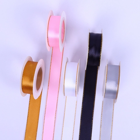 Satin Ribbon With Gold Edge Decorative Fabric For Gift Wrapping Bow DIY Craft Wedding Birthday Party Elegant Solid Color