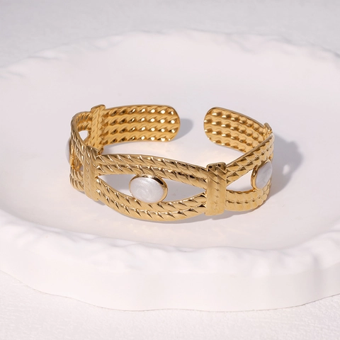 Bracciale Rigido Aperto Texture Intrecciata Vintage Acciaio Inossidabile Placcato Oro Smalto Regolabile Donna