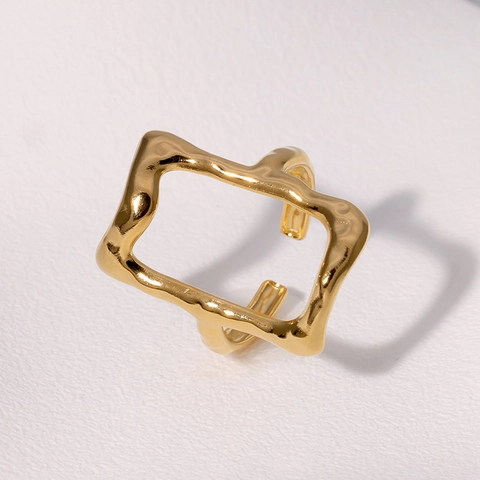 Anillo Rectangular Hueco Geométrico Acero Inoxidable Textura Fundida Irregular Ajustable Abierto Para Mujeres