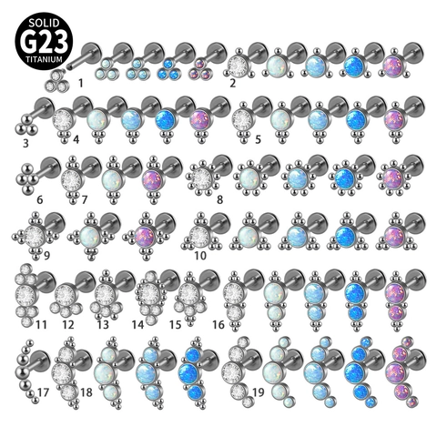 Solid G23 Titanium Lip Studs Internally Threaded Flat Back Labret Earring Cartilage Piercing With Opal Cubic Zirconia