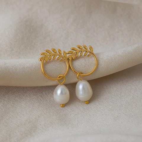 Vintage Weizenähren Hoop Ohrhänger Edelstahl 18K Vergoldet Süßwasserperle Eleganter Französischer Stil Für Frauen