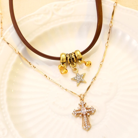 Vintage Double Layer Cross Star Pendant Necklace For Women Gold Plated Alloy Brown Leather Choker Bohemian Jewelry Gift