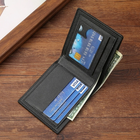 Herren Geldbörse Bifold PVC Leder Karomuster V Naht Metallplakette Blaue Stein Kartenfächer RFID Business