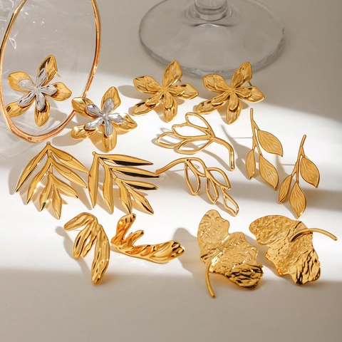 Blad Bloem Oorbellen Roestvrij Staal 18K Verguld Gehamerde Textuur Waterdicht Hypoallergeen Mode Sieraden Dames
