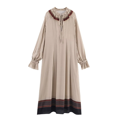 Damen Maxi Kleid Langarm Geometrischer Blumendruck Rüschenstehkragen Bindeband Vintage Elegant Boho