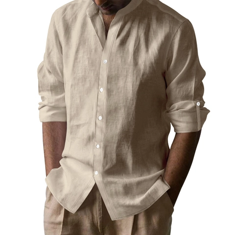 Men's Cotton Linen Henley Shirt Casual Stand Collar Long Sleeve Summer Breathable Woven Solid Color Shirt Top