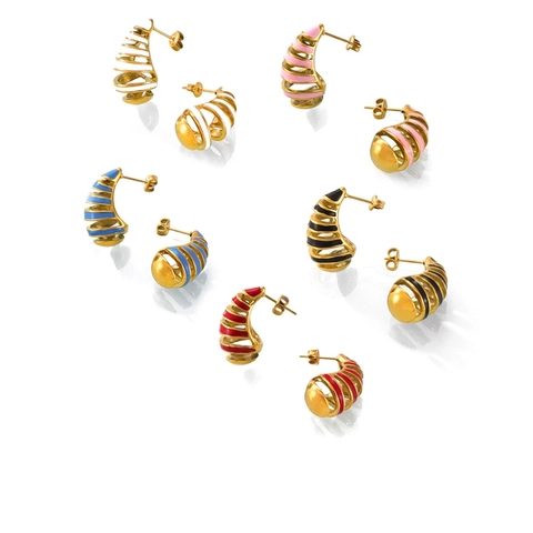 Stainless Steel C Shaped Spiral Enamel Stud Earrings Hollow Water Drop Geometric Fashion Jewelry For Women Daily Wear Gift