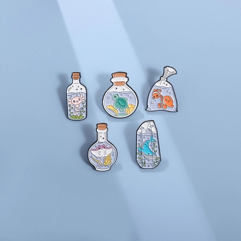 Cartoon Ocean Animal Enamel Brooch Pin Set For Women Men Cute Clownfish Whale Axolotl Turtle In Bottle Pins Zinc Alloy Badge