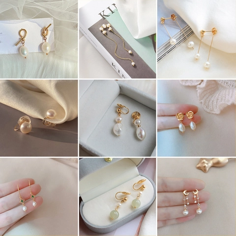 Vintage Freshwater Pearl Earrings For Women Elegant French Retro Drop Stud Ear Clips With Silver Earring Post
