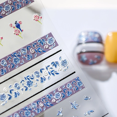 5D Reliëf Nagelstickers Retro Floraal Blauw Vogel Ontwerp Zelfklevende Manicure Decals DIY Nail Art Decoratie